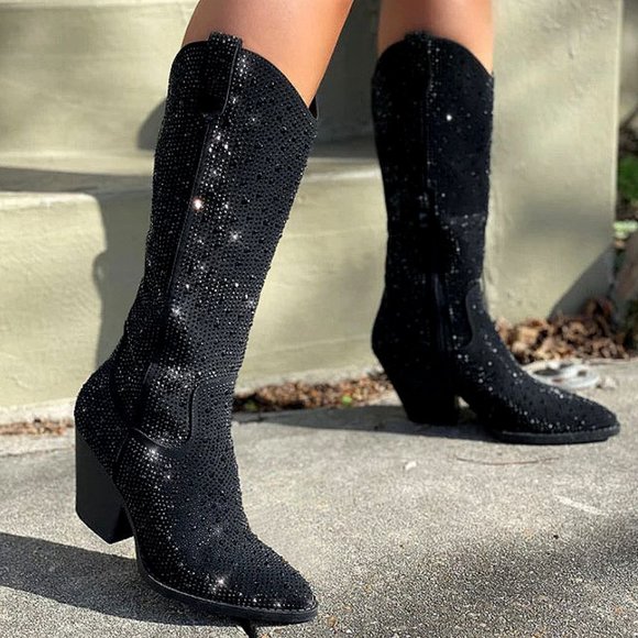 New Black Blingy Rhinestone Knee High Cowboy Boots - Picture 3 of 8